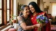 © Vipula - Sri Lankan Mother and Daughter Embracing with Blue Water Lily Bouquet