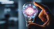 © Saiful - A hand holding a glowing lightbulb filled with futuristic artificial intelligence technology and digital innovation in a dark laboratory setting