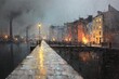 © second - A somber cityscape depicts a narrow waterfront promenade with burning buildings and factories, reflecting in water
