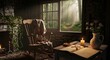 © Iqra - Cozy cabin scene with rocking chair, open book, and candle overlooking a misty forest path.