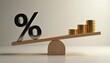 © Pete - Large percentage symbol on one side of a wooden scale. Stacks of gold coins on other side. Symbol outweighs coins suggesting high rates affect value. Shows economic instability.