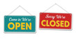 © Ammar - Vibrant vector illustration featuring two distinct hanging signs, one inviting customers with a cheerful 'Open' message and the other indicating a temporary 'Closed' status for businesses.