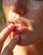 © Pete - Macro shot of woman face with freckles and water drops. Fingers touch cheek near lips. Sunlight highlights moist skin texture. Natural beauty, soft lips, healthy appearance.