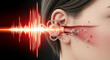 © tu - Sound wave enters female ear canal demonstrating hearing damage risk auditory system vulnerability to loud noise exposure acoustic trauma consequence medical illustration sensory impairment concept