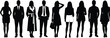 © Abu - Black silhouettes of diverse business people and women standing in line, formal suits dresses trench coat, corporate crowd anonymous figures profile view