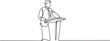 © MstMoushumi - Speaker man speech behind tribune on conference, continuous one line drawing. Orator on podium by leader, businessman, teacher talking.one line vector icon with out background
