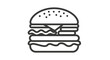 © nola - Hamburger line art icon. Simple outline vector graphic of a classic burger with bun, patty, cheese, and fresh vegetables. Fast food symbol.