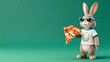 © Максим Кутовой - Easter bunny wearing a t-shirt with an Easter egg pattern standing on the right side holding a large delicious slice of pizza with both hands, deep matte green background with cinematic lighting