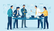 © bizvector - Discussion. Team discussing business strategy around a round table with business icons in the background. Vector illustration.