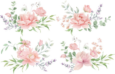  Watercolor Blush Peony Floral Arrangements Set. Hand drawn illustration. Vector EPS.