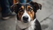© Bussakon - A tri color dog with striking amber eyes gazes intently forward in a close up portrait against a softly blurred urban background