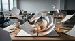 © Victoriia - Burnout and fatigue in a corporate office with flying papers and a disorganized desk during a busy workday