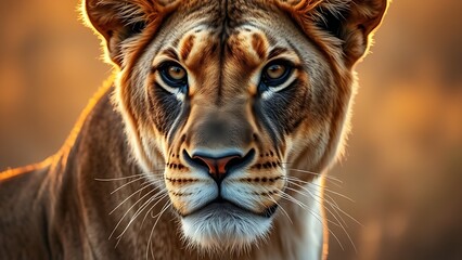  lioness. Lioness with a focused gaze, surrounded by savanna ambiance and golden light. wildlife magazines, conservation campaigns, designed for eco-tourism storytelling.