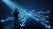 © hafiz - Man contemplating directional arrows amidst light symbolizing choice