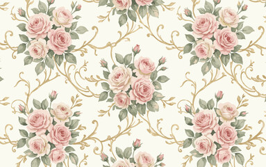  Vintage Floral Pattern with Pink Roses and Gold Vines Design