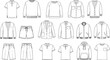 © Mahmudul - Men's clothing technical sketches set featuring shirts, hoodies, jackets, trousers, and shorts flat vector templates for apparel design and tech packs.