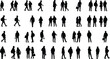 © Md - Walking people silhouettes collection, men and women pedestrians in urban scenes, casual and business poses, crowd movement concept, black vector illustration