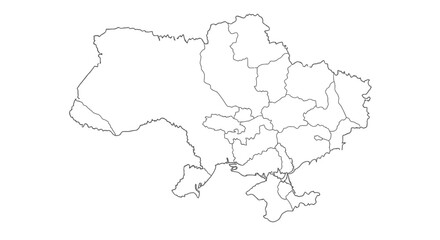  Ukraine Country Outline Map with Administrative Regions, isolated white background
