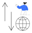 © robu_s - Global trade, analytics, direction, decision-making, market trends, navigation. Woman pointing with a globe and directional arrows. Global trends and analytics concept