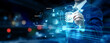 © AD - Businessman pointing at digital agenda planning technology on futuristic digital interface screen, business schedule management, strategic planning, workflow organization concept