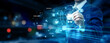 © AD - Businessman pointing at procurement management technology on futuristic digital interface screen, supply chain system, vendor analytics, enterprise purchasing solution concept