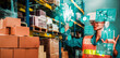 © InfiniteFlow - Future virtual reality technology for innovative VR warehouse management . Concept of smart technology for industrial revolution and automated logistic control .