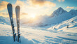 © wolfelarry - Luxury Skis and Poles in Pristine Mountain Snow at Golden Hour, Glamorous Ski Resort Advertising Landscape