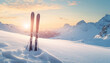 © wolfelarry - Luxury Skis and Poles in Pristine Mountain Snow at Golden Hour, Glamorous Ski Resort Advertising Landscape