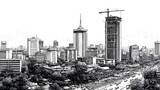 An artistic monochrome sketch captures a cityscape with tall buildings, including one under construction with a crane, on a clear day today.