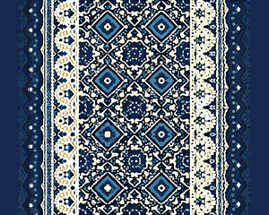 Naklejka na meble Detailed indigo and cream patterned textile with symmetrical diamond motifs