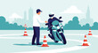 © rasel - Professional motorcycle instructor teaching a student how to safely navigate a training course marked with orange cones in the city.