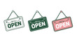 © charli - Three colorful 'We're Open' signs hanging in a row, illustration, storefront, shopping, entrance