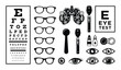 © ProAssets - Eye exam chart, glasses, and ophthalmology equipment for vision test. Eye care and vision correction illustration