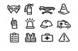 © PAPA STOCK - Emergency rescue and safety service icons featuring fire extinguisher ambulance first aid kit stretcher and hard hat on white background