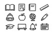 © PAPA STOCK - Set of school and education line icons including book backpack globe graduation cap chalkboard bell and calendar on white background