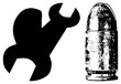 © Rysak - Black silhouette wrench and bullet graphic, mechanical tool and firearm ammunition, isolated vector art, flat design, repair or combat theme.