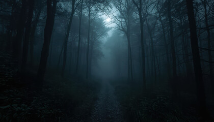 Misty moonlit forest path with foggy trees and narrow trail evoking eerie calm