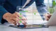 © LUMEN - Business professional reviewing progress bar interface on tablet and laptop,project management tracking and workflow completion concept in modern office