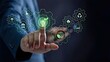 © LUMEN - Businessman presenting sustainable innovation with green energy and smart city icons,ESG strategy and environmental technology transformation,corporate responsibility concept
