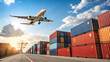 © Tanjin - Commercial airplane taking off over colorful shipping containers at sunrise global trade logistics
