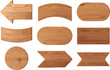© MstNur - Collection of nine wooden signboard illustrations in diverse shapes with natural wood grain texture, rustic signage design for decoration, direction, branding, and creative graphic projects