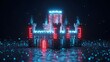 © Artfinity - Cybersecurity protection and digital fortress network. Data encryption and private server safety. Glowing neon castle made of light particles and binary code structures