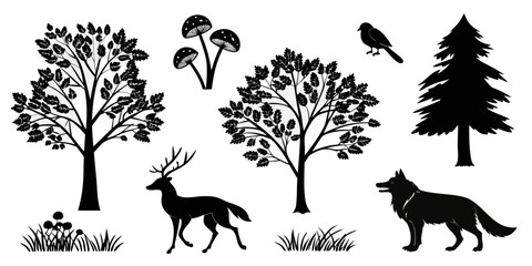  A serene forest scene with a variety of wildlife and trees in silhouette.