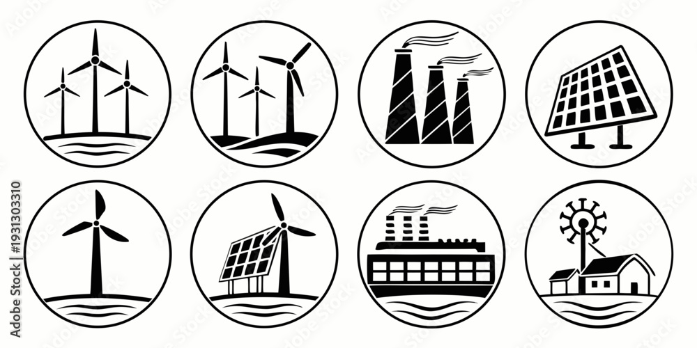 Illustrations of various types of renewable energy sources and ...