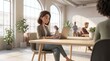 © Sakura Media - 3D stylized business woman working on laptop in modern sunny office workspace render