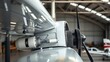 © Johnny - hangar. Close-up of an aircraft wing showcasing detailed mechanical components in a hangar. mobility guides, transit brochures, designed for mobility and urban transit guides, used by architects.