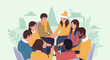© Inara Studio - Diverse Support Group Counseling Illustration. People Sitting in a Circle Holding Hands, Finding Friendship, Unity, and Trust in a Community Session.