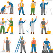 © Shirina - Construction workers flat vector set with builders using tools ladder drill and safety gear isolated on white background professional labor illustration collection