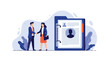 © Femke - Recruitment and hiring concept showing two business professionals shaking hands next to a large candidate profile resume folder.
