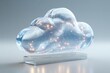 © zhi - A translucent glass cloud icon, containing glowing 0s and 1s, floats above a base on a pure white background. A minimalist technological concept.